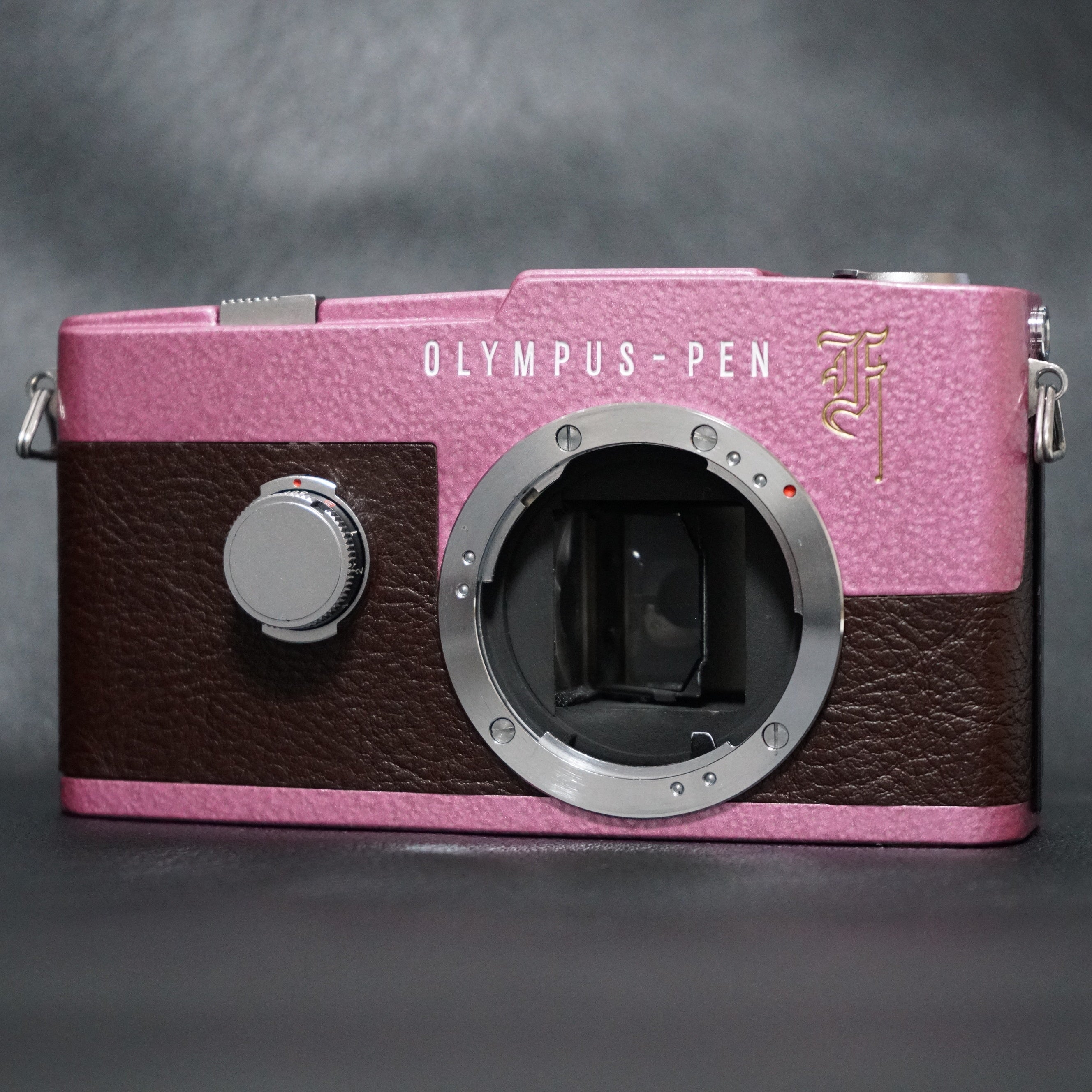 OLYMPUS PEN F / Pink Hammertone / Dark brown Leather / Film Camera / オ –  テクニカルカメラサービス