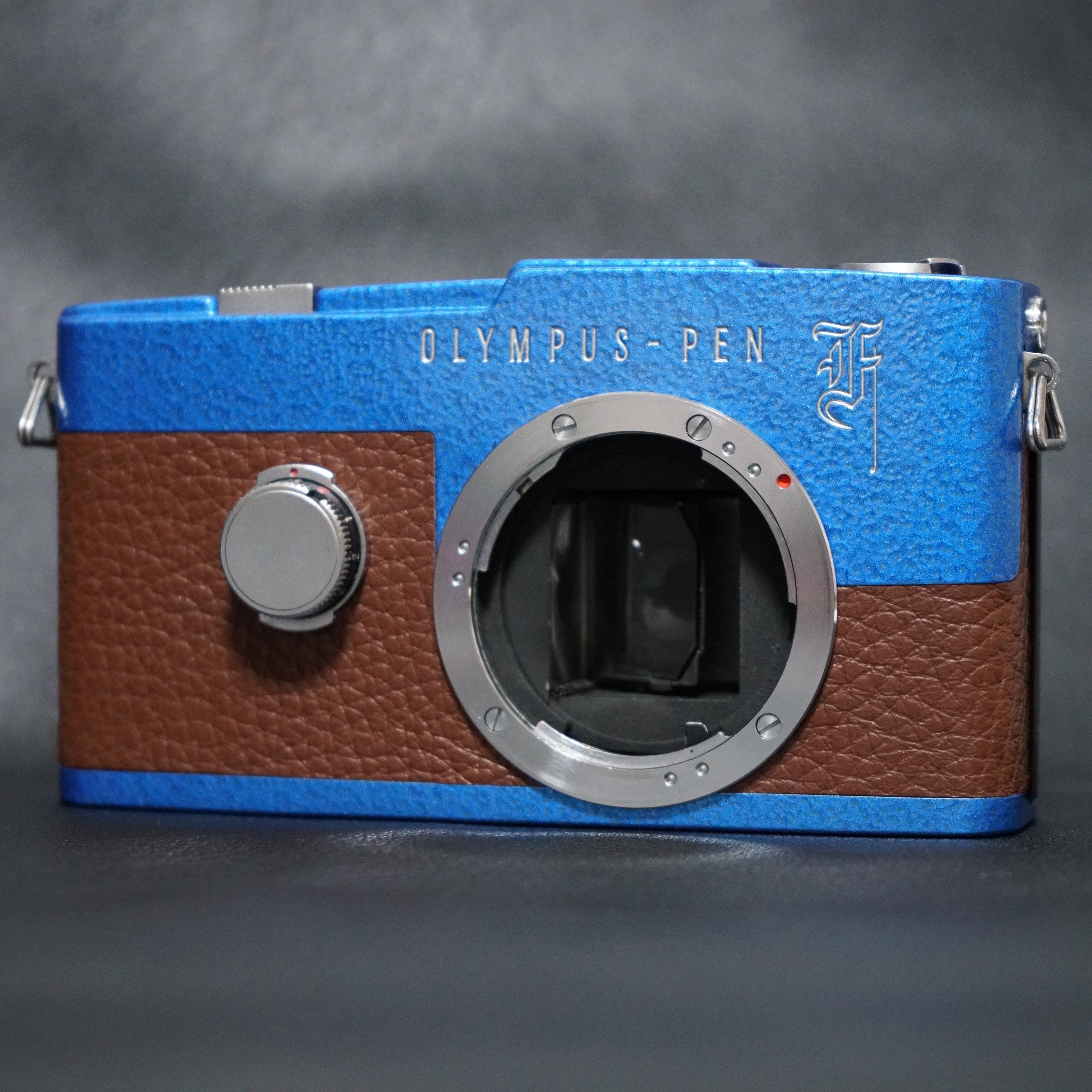 OLYMPUS PEN F / Blue Hammertone / Brown Leather / Film Camera / オリンパス –  テクニカルカメラサービス